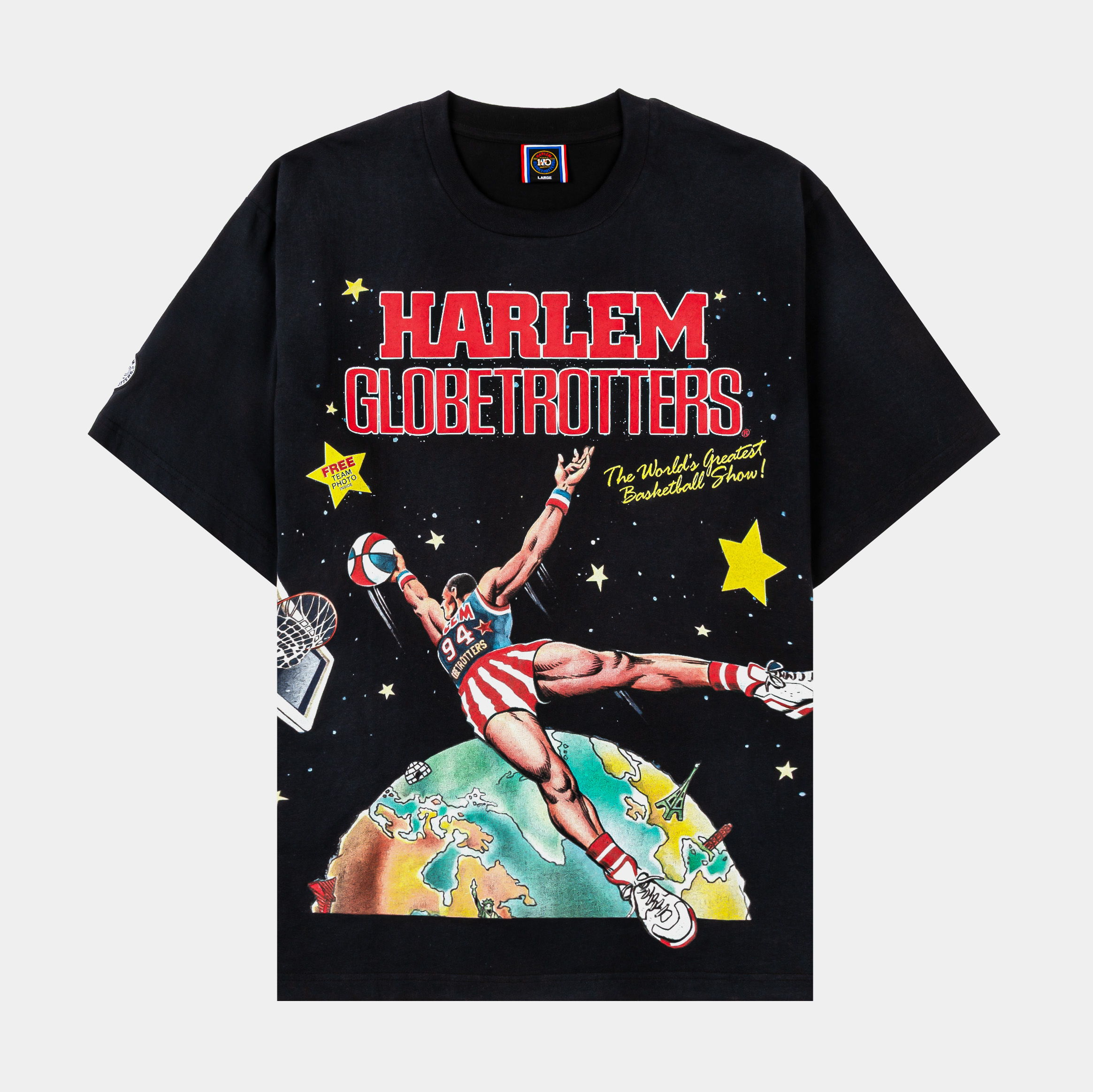 Black t-shirt featuring Harlem Globetrotters graphic with space theme.