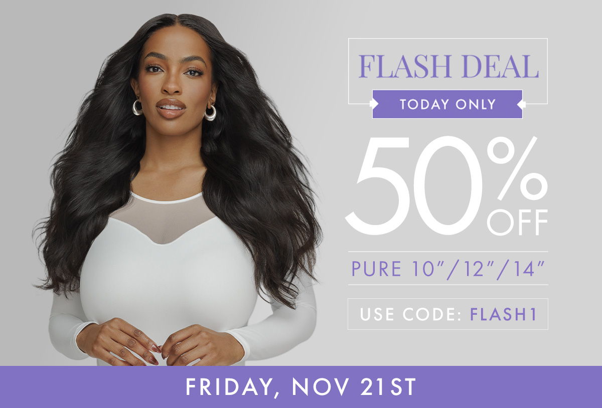Model promoting a flash deal for hair extensions with discount details.