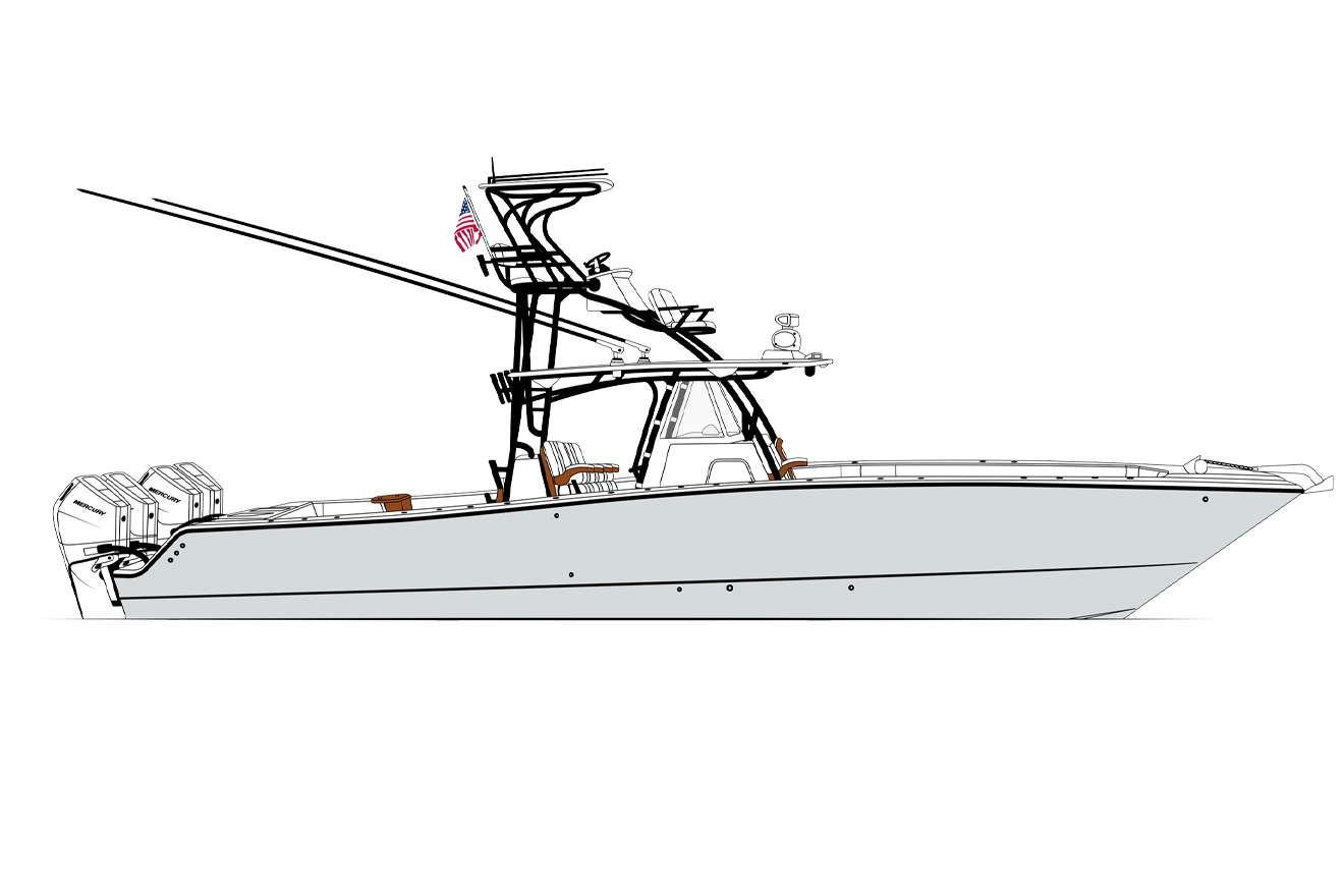 Minimalist custom sportfishing boat illustration featuring a side-profile center console with dual outboard engines, tower, outriggers, and subtle accent details on a clean light background.