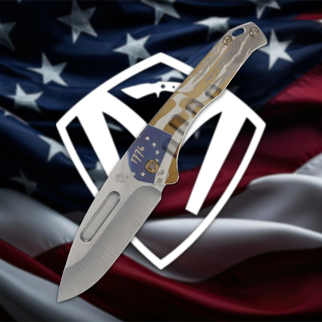 Knife with a flag-themed handle against a backdrop of American flags.
