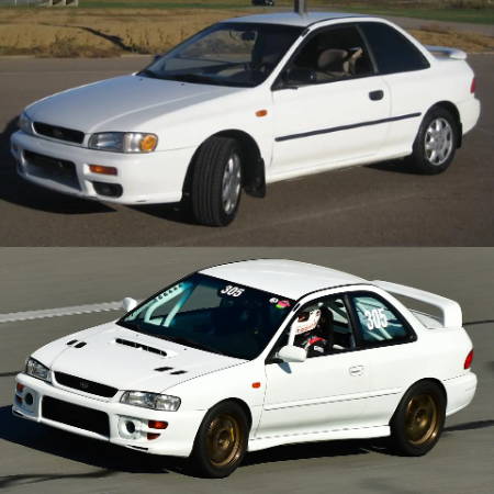 Before and after photos of Randy's Subaru GC8 track car.