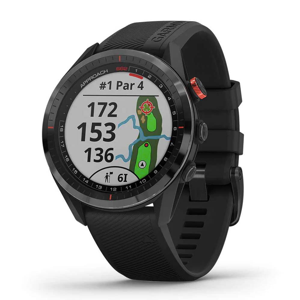 Black Garmin Approach S62 golf watch with GPS distances on the color touchscreen display