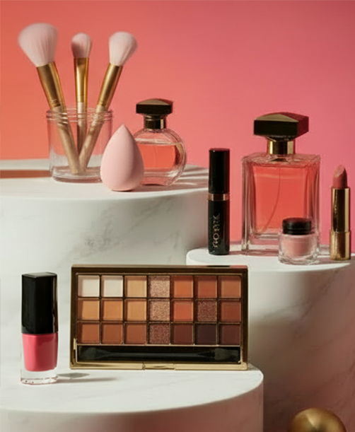 Makeup products arranged on pedestals with a pink gradient background.