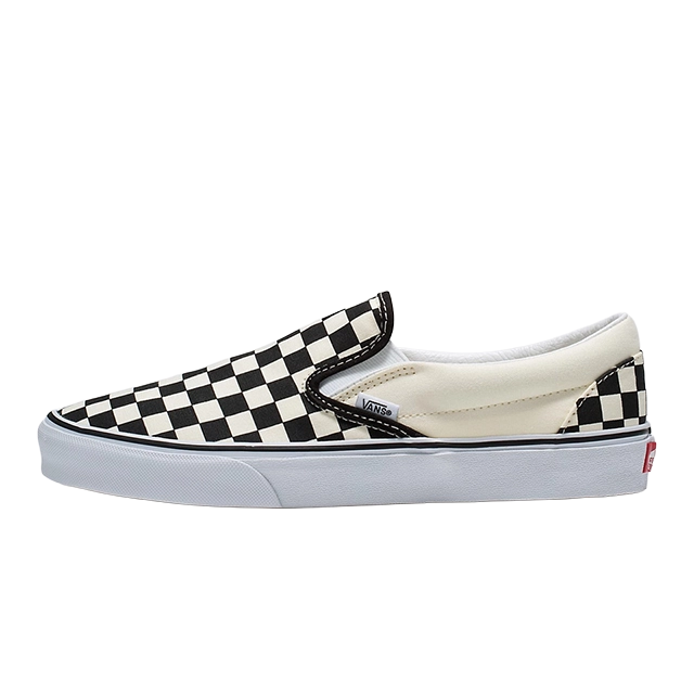 Black and white checkered slip-on sneaker with a white sole.