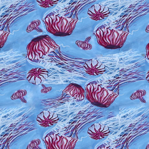 Pattern of colorful jellyfish on a blue background.