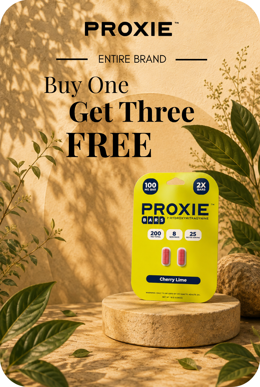 Proxie promotion: Buy one, get three free, with product packaging on display.