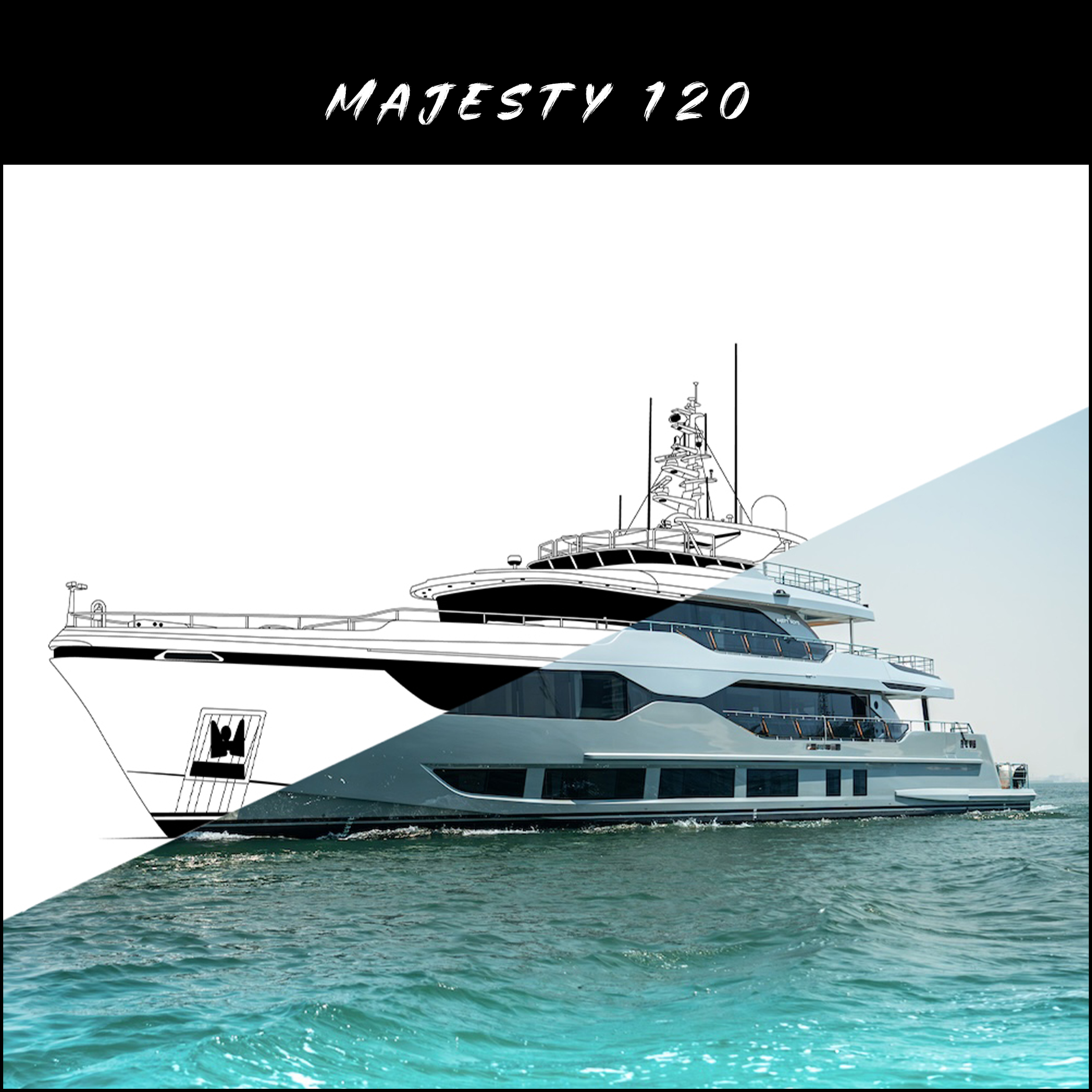 Luxury yacht line drawing transitioning into a real yacht photo on turquoise ocean water, featuring the Majesty 120 yacht with a modern split-design effect and sleek black-and-white styling.