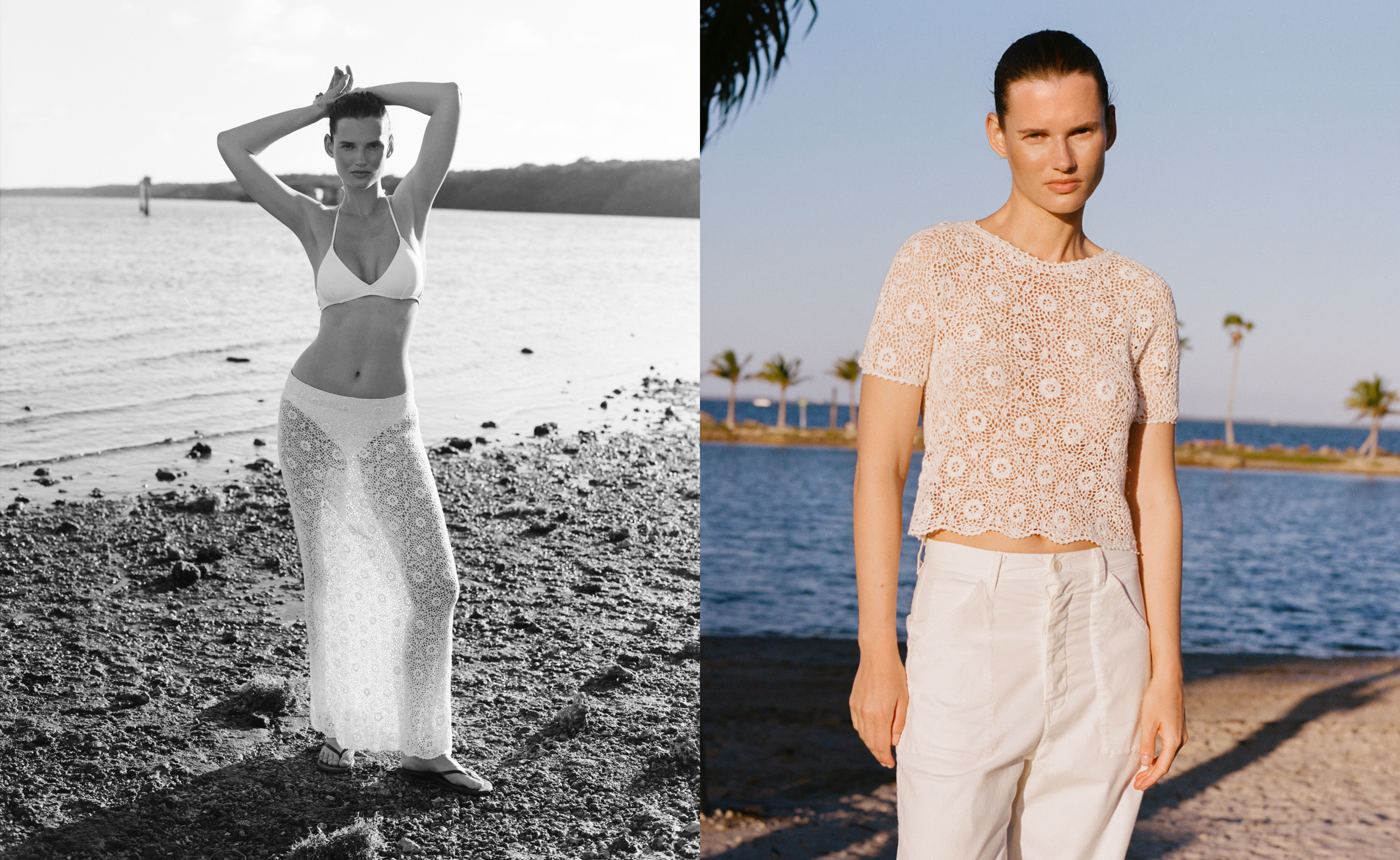 Two women in stylish outfits by a body of water, one in black and white.