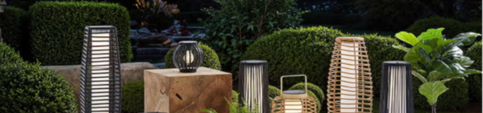 Outdoor scene with decorative lanterns and plants.
