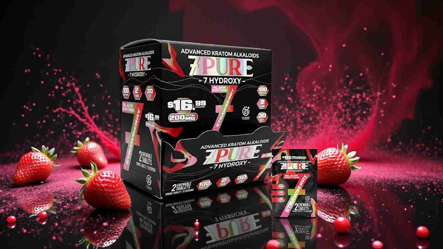 Energy drink packaging with strawberries and a splash effect.