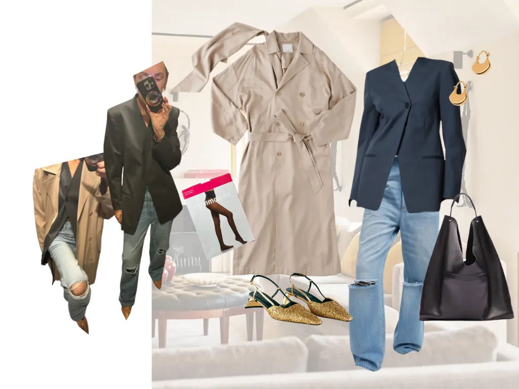 Fashion collage featuring outfits, accessories, and shoes on a stylish background.