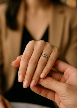 A close-up of a woman's hand wearing a diamond engagement ring as her partner gently holds her fingers.
