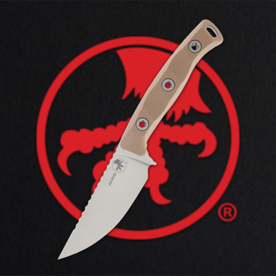 Knife with a tan handle against a red logo background.