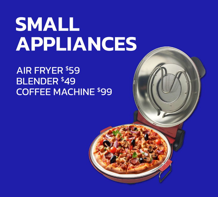 Small appliances: air fryer, blender, coffee machine; prices listed.