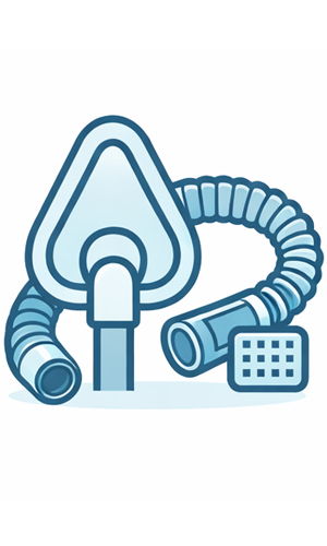 Illustration of a CPAP machine mask and connected tubing.