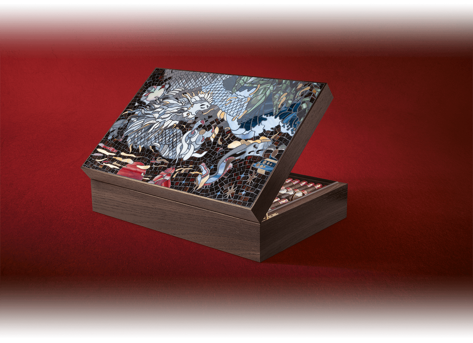 Davidoff Year of the Dragon Masterpiece Humidor with the dragon mosaic after the oil painting by Zhang Zhaoying.