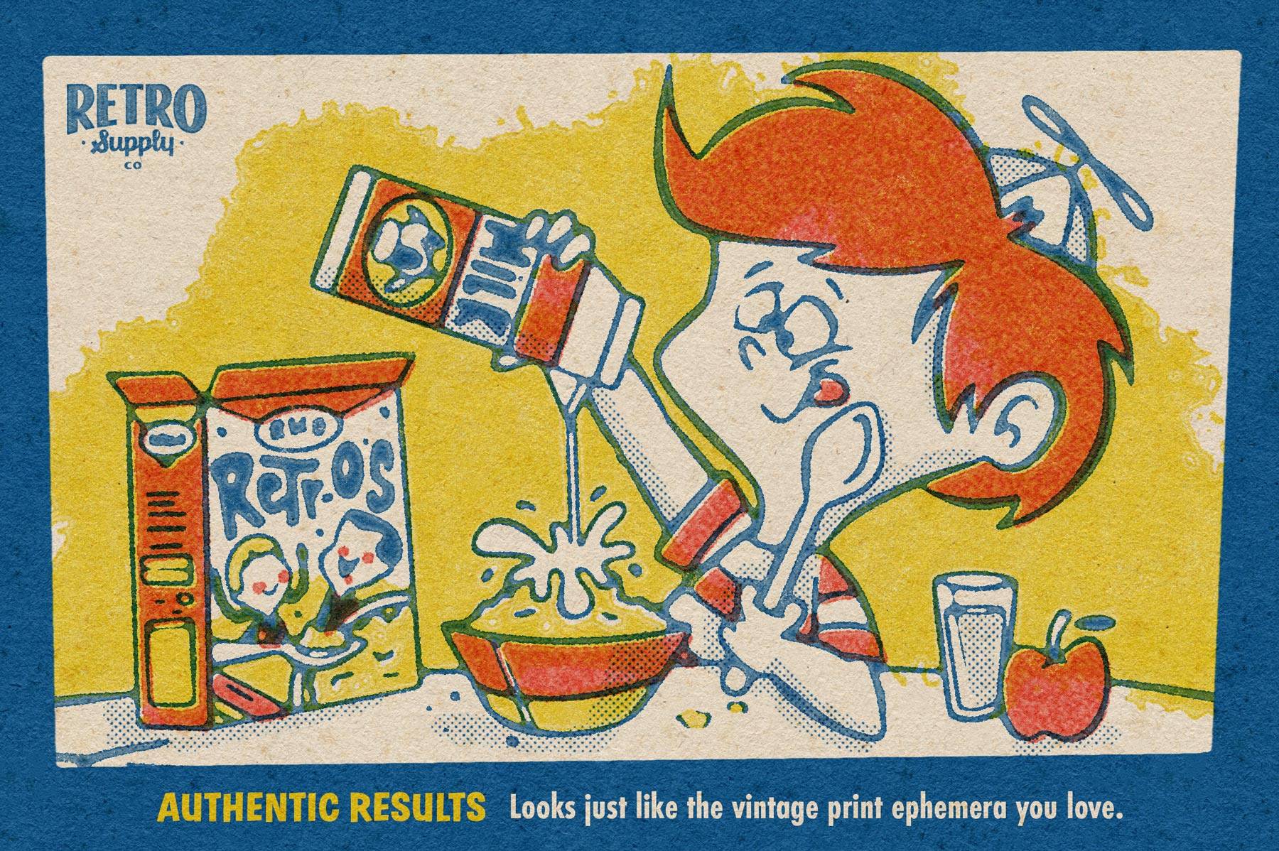 An illustration of a child pouring milk on cereal in blue, yellow, and red.