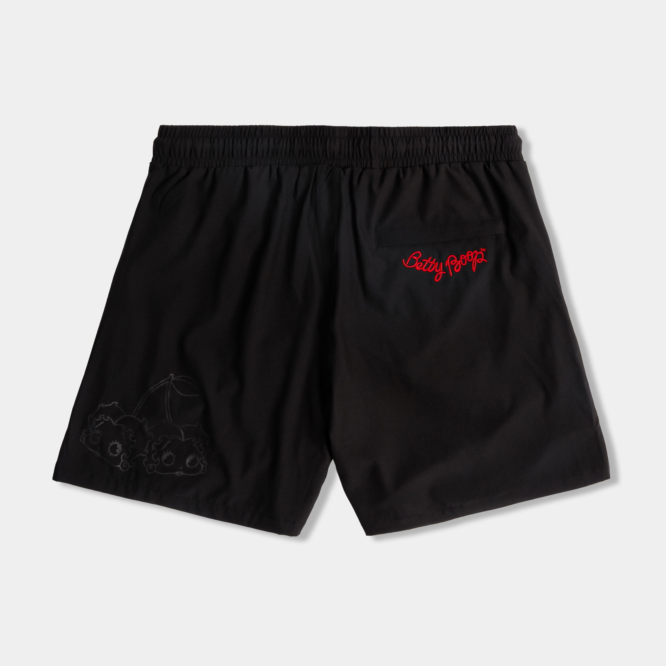 Black shorts featuring cartoon characters with angel and devil themes.