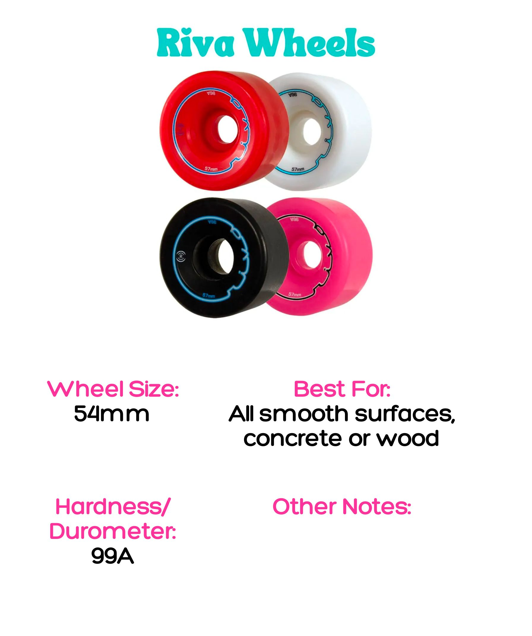 riva wheels, 54mm, 99A hardness, best for all smooth surfaces, concrete or wood