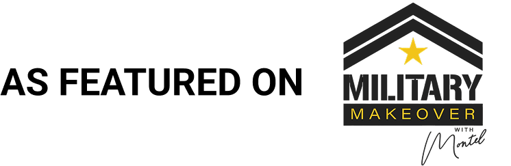 Official Military Makeover with Montel logo on a black background. The logo features a dark charcoal chevron and rooftop emblem with a gold star at the center, bold dark text reading 
