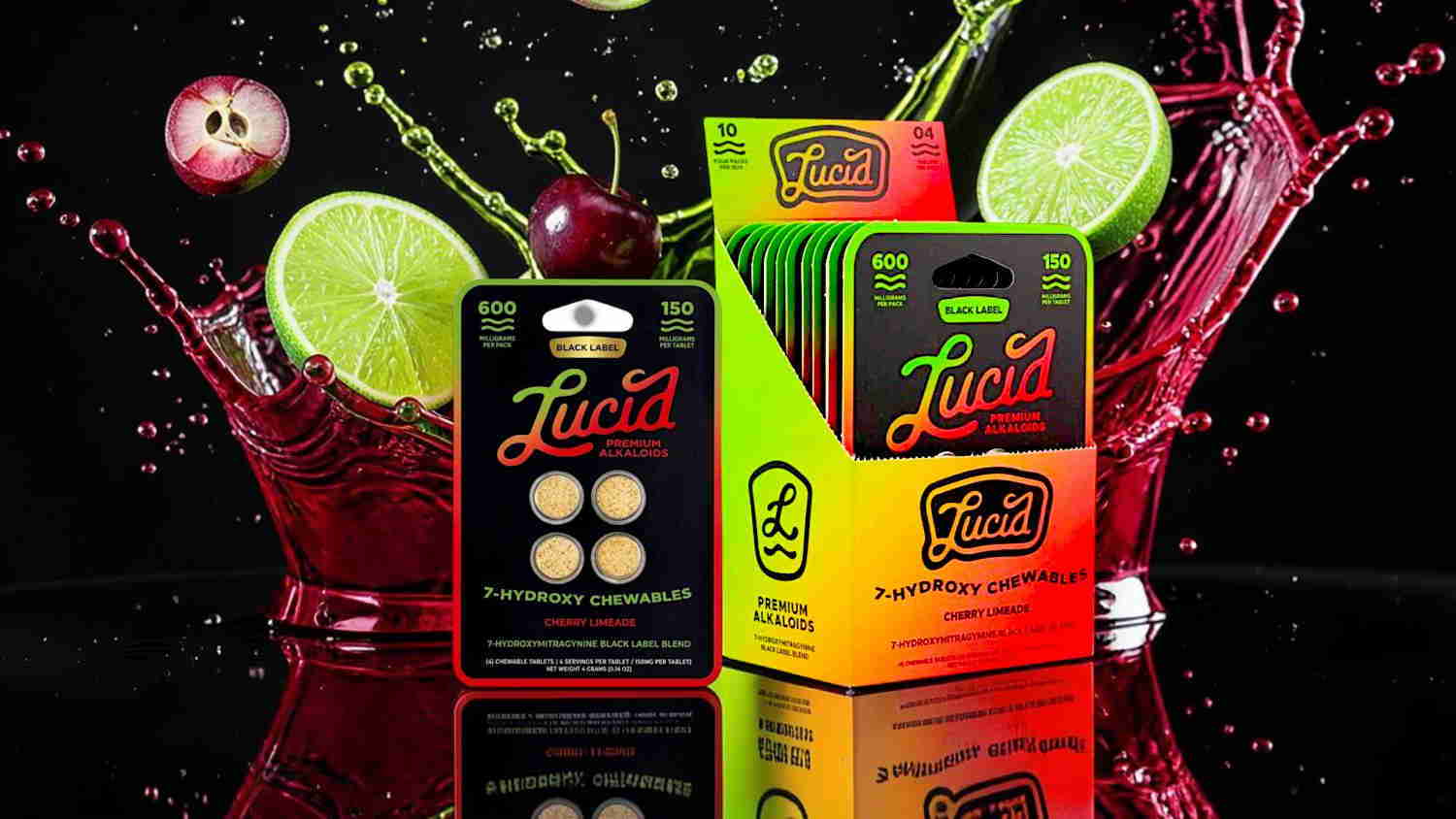 Colorful packaging of flavored candies with fruit splashes in the background.