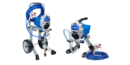 Two blue and silver paint sprayers on display.