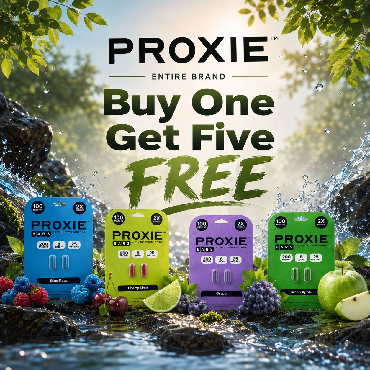 Proxie promotional image: Buy One Get Five Free with colorful products.