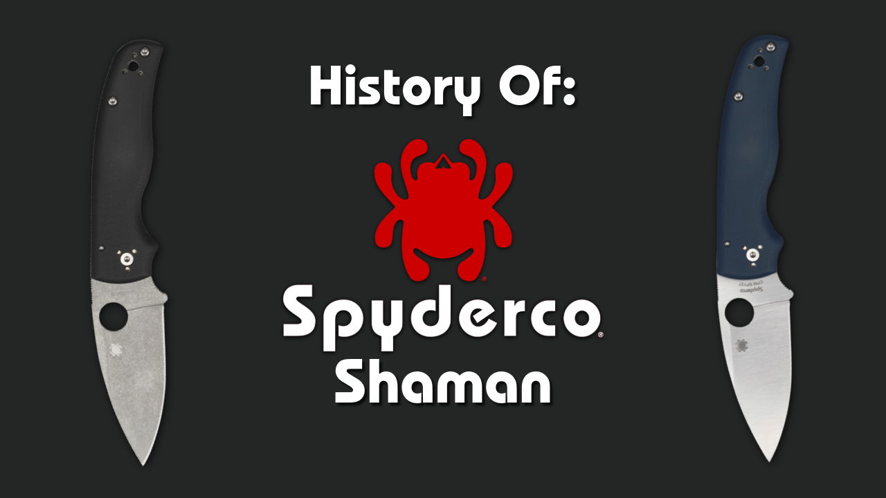 Two Spyderco Shaman knives with text about their history.