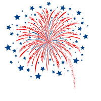 Colorful firework explosion with red and blue stars in the background.