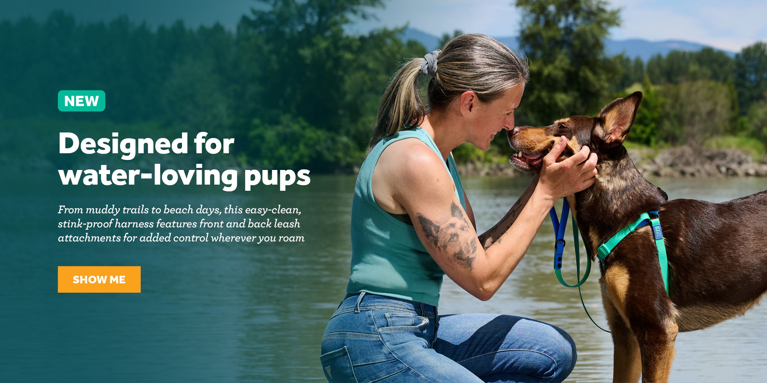 Woman interacting with a dog by the water. Text promotes water-friendly pet products.