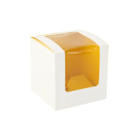 A square paper cupcake box with an orange window