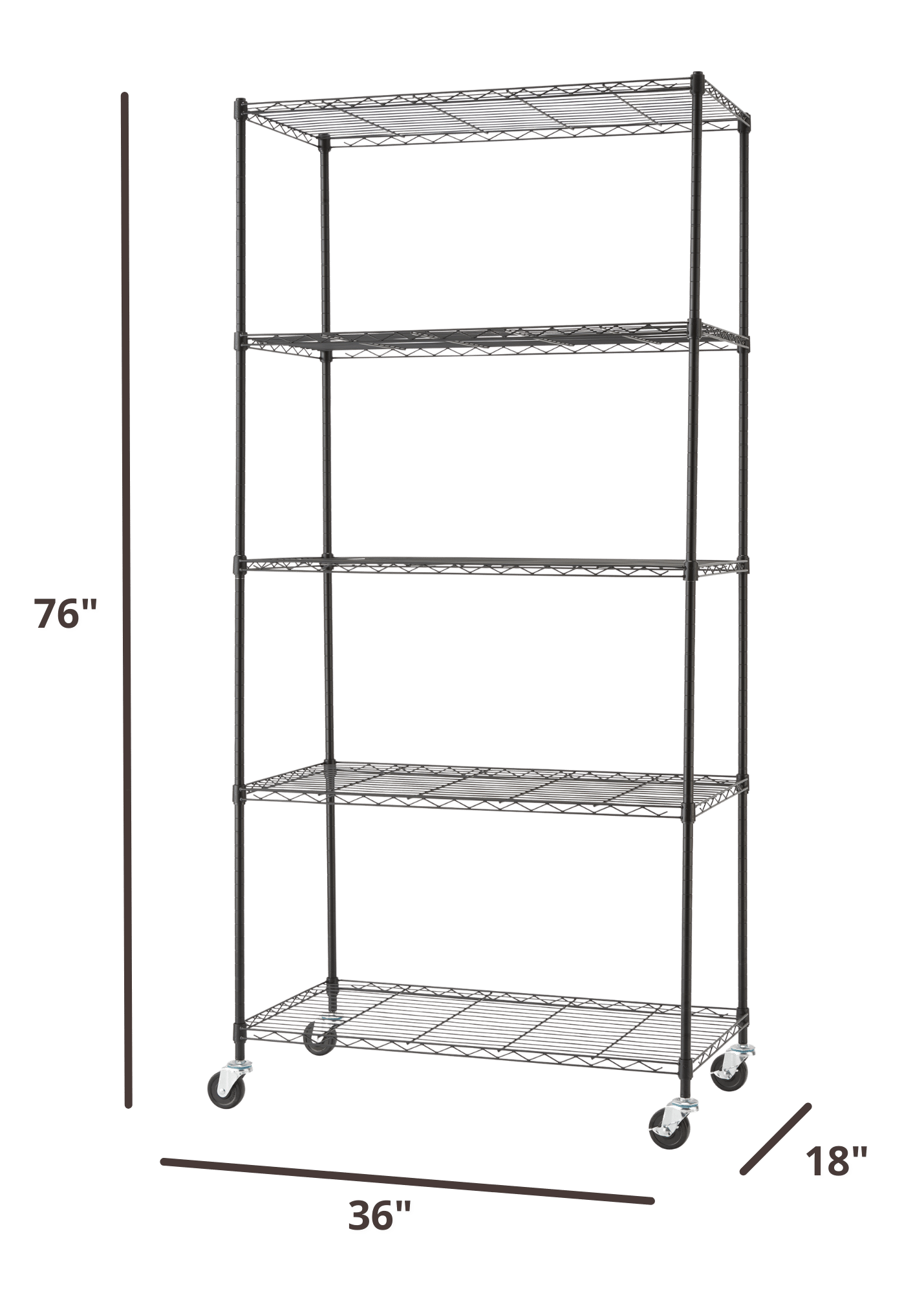 76 inches tall by 36 inches wide black wire shelving rack with wheels
