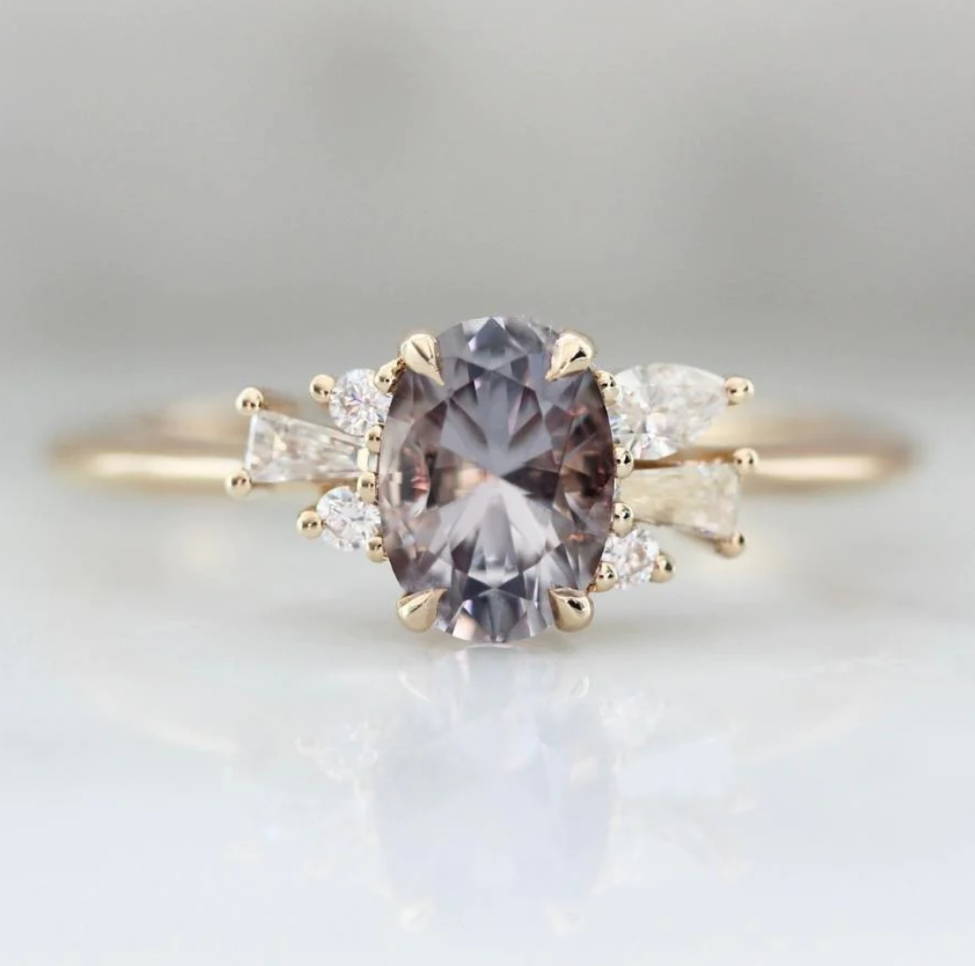 purple spinel and diamond asymmetrical cluster ring