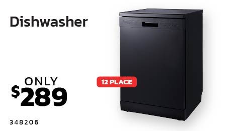 Black dishwasher with price and capacity information.