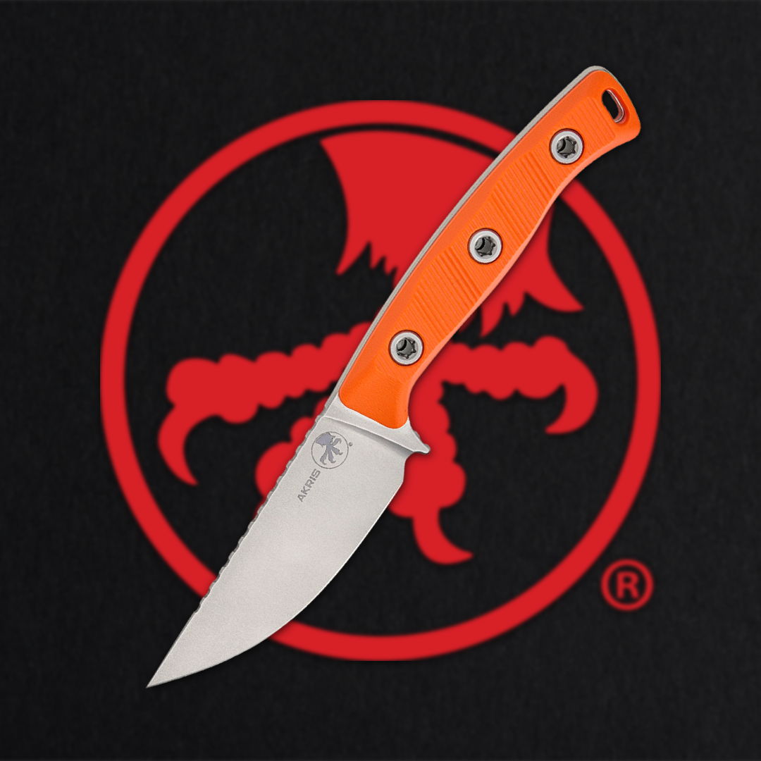 Knife with an orange handle against a red logo background.