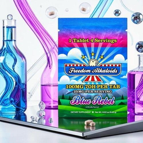 Colorful product packaging with tablets on a reflective surface and colorful glass bottles.