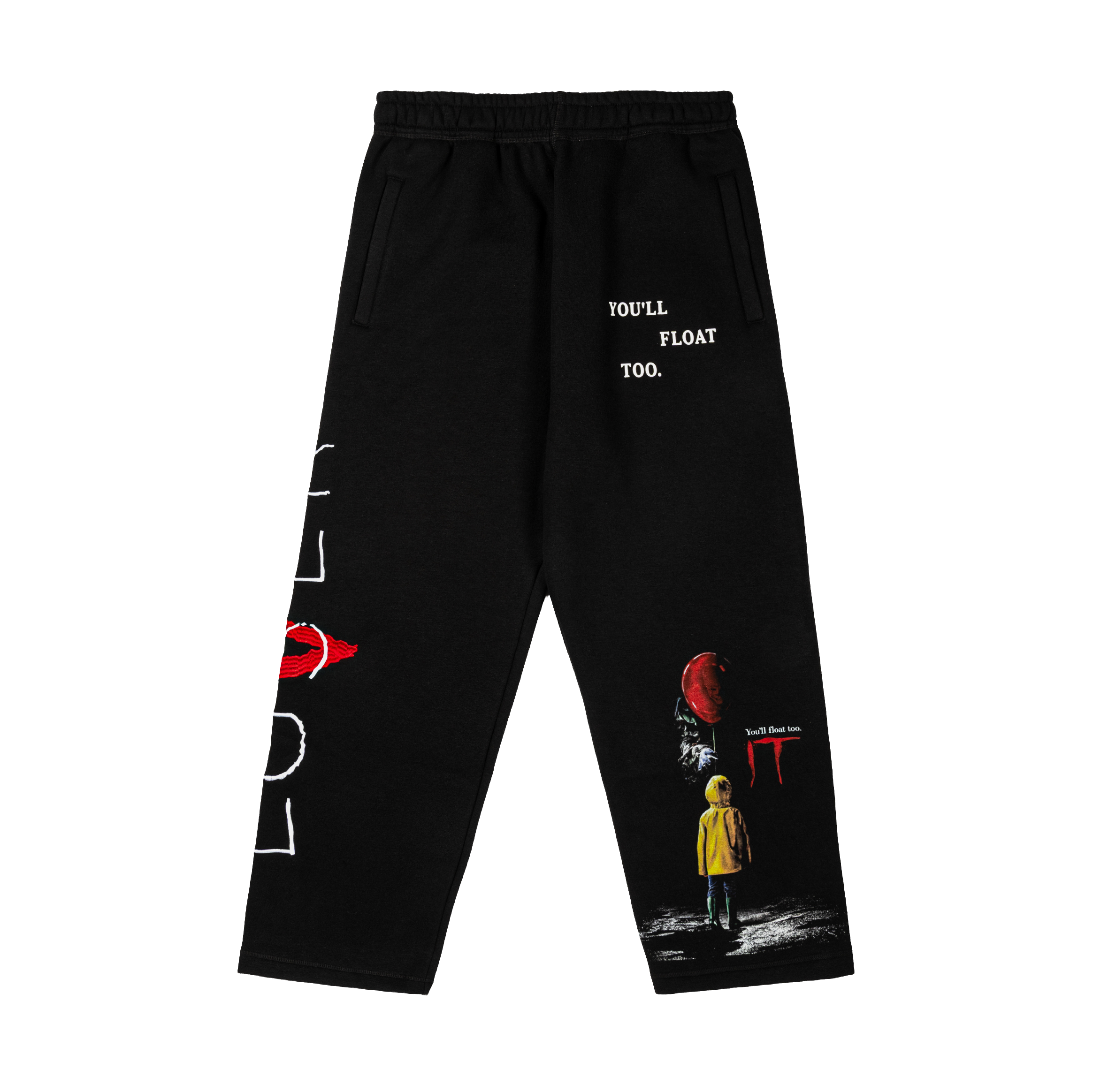 Black sweatpants with graphic design featuring a character in a yellow raincoat.