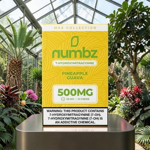 Box of Numbz Pineapple Guava, 500mg, in a greenhouse setting.