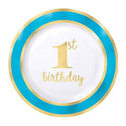 Image of round 1st birthday blue & gold plate. Shop all 1st birthday blue & gold party supplies.