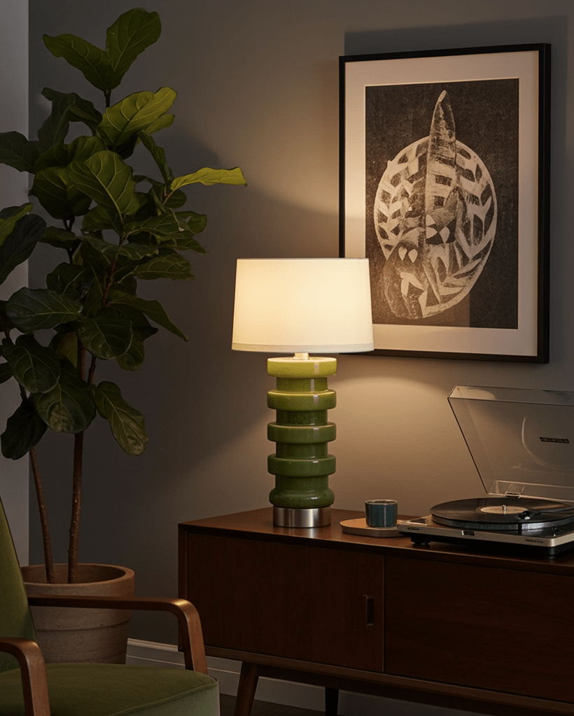Green lamp on a wooden side table with a plant and record player in a dimly lit room.