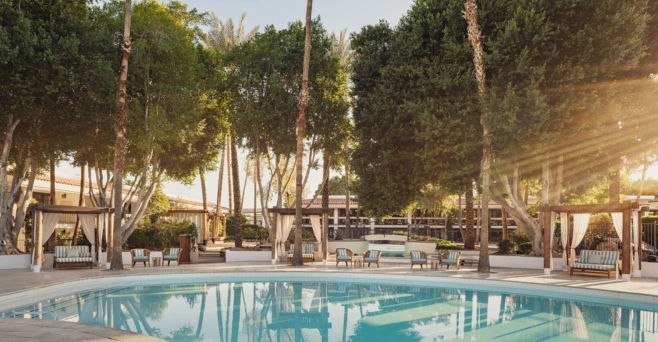 Swimming pool surrounded by trees and lounge areas, bathed in sunlight.