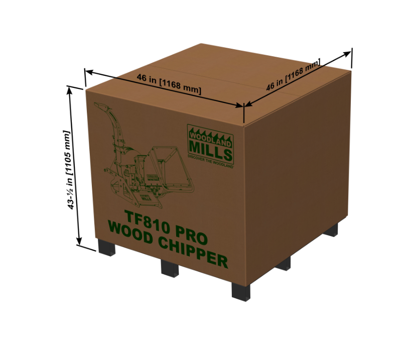 The TF810 PRO Wood Chipper comes in a 46 inch wide and 43 and one half inch tall box