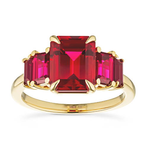 custom ruby ring with emerald cut lab created ruby gemstones in a recycled yellow gold solitaire setting
