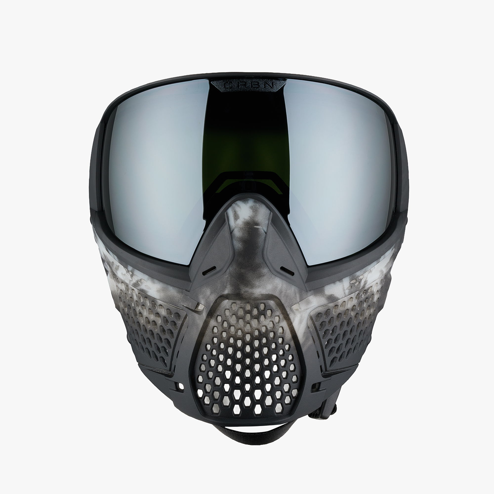 A black and gray paintball mask with mirrored lenses.