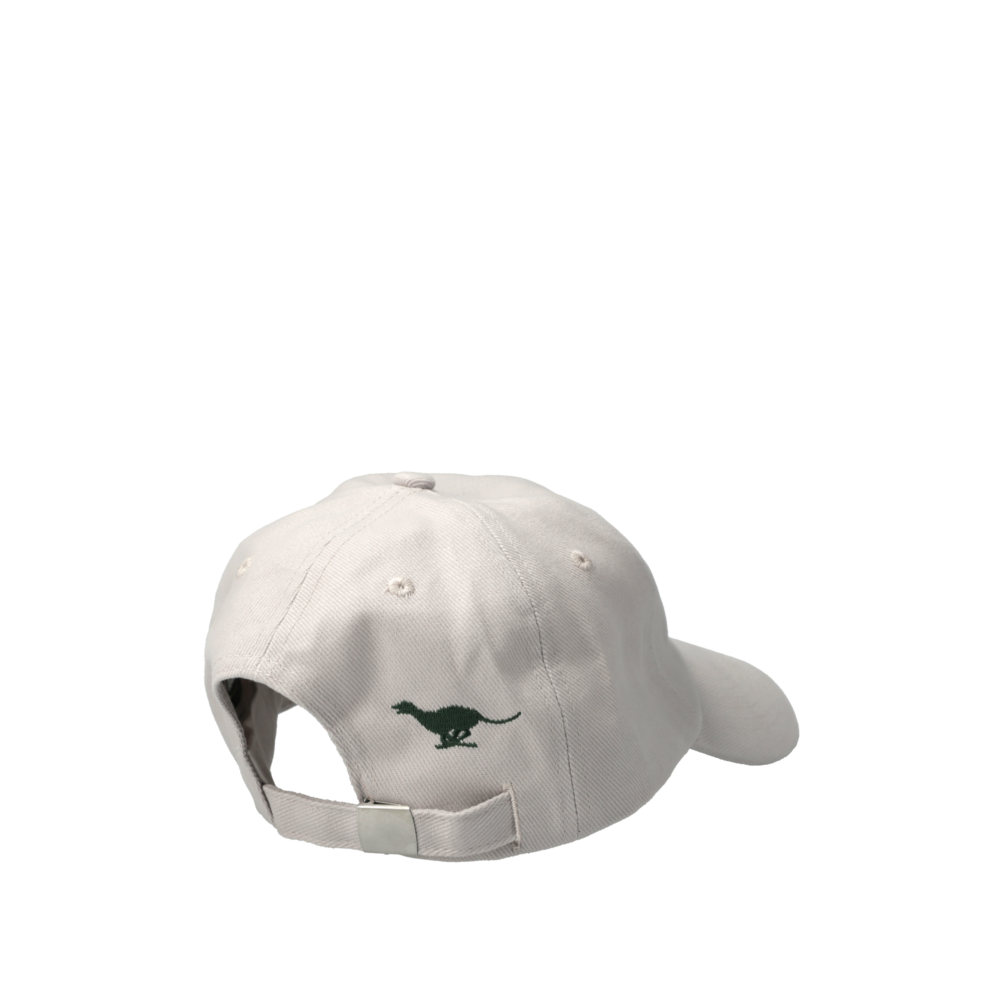 A light gray baseball cap with a circular logo.