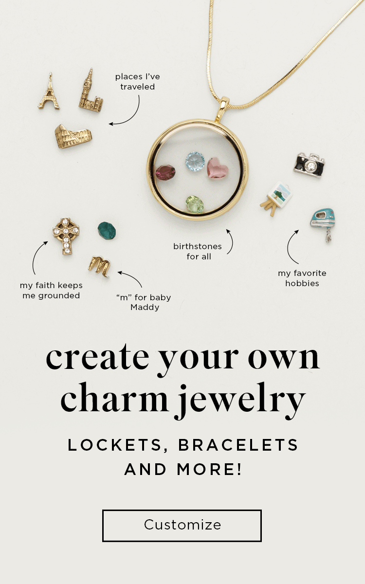 Gold locket with birthstones and charms representing travel, hobbies, and faith for a personalized charm jewelry story