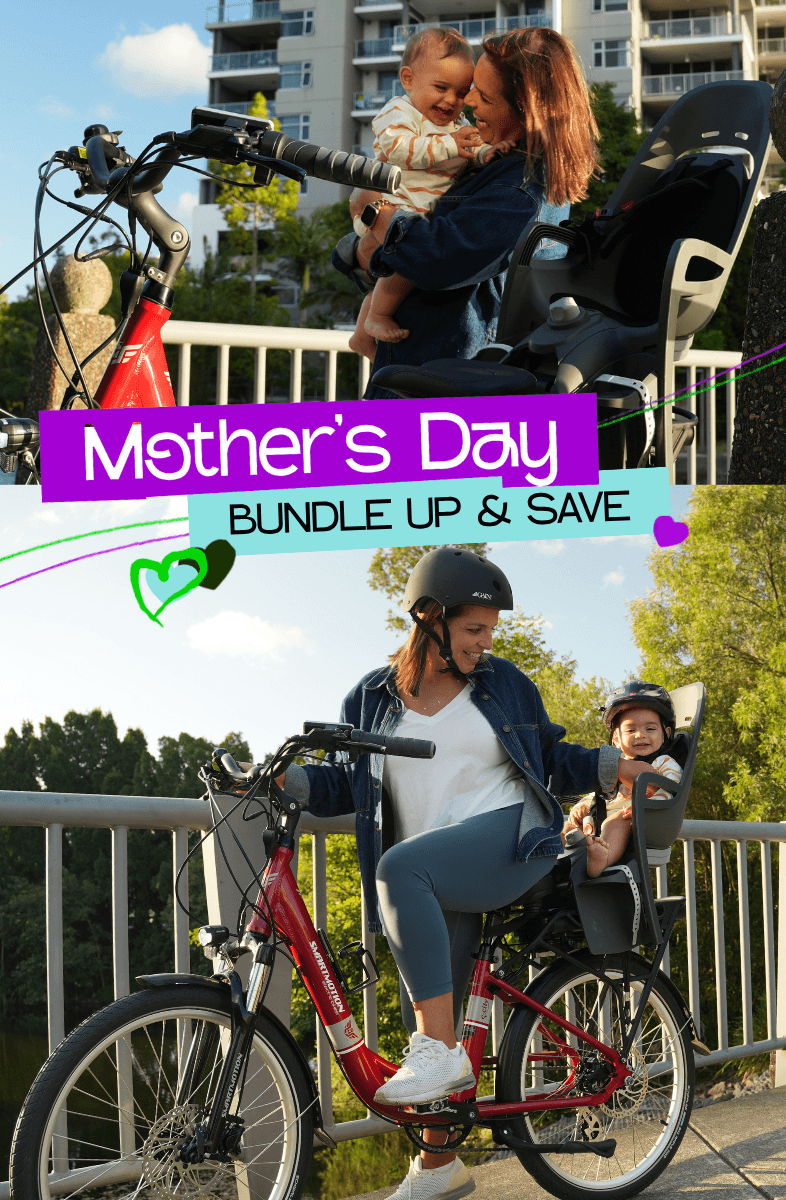 Mother's Day promotion featuring a mother biking with her child. Bundle up and save!