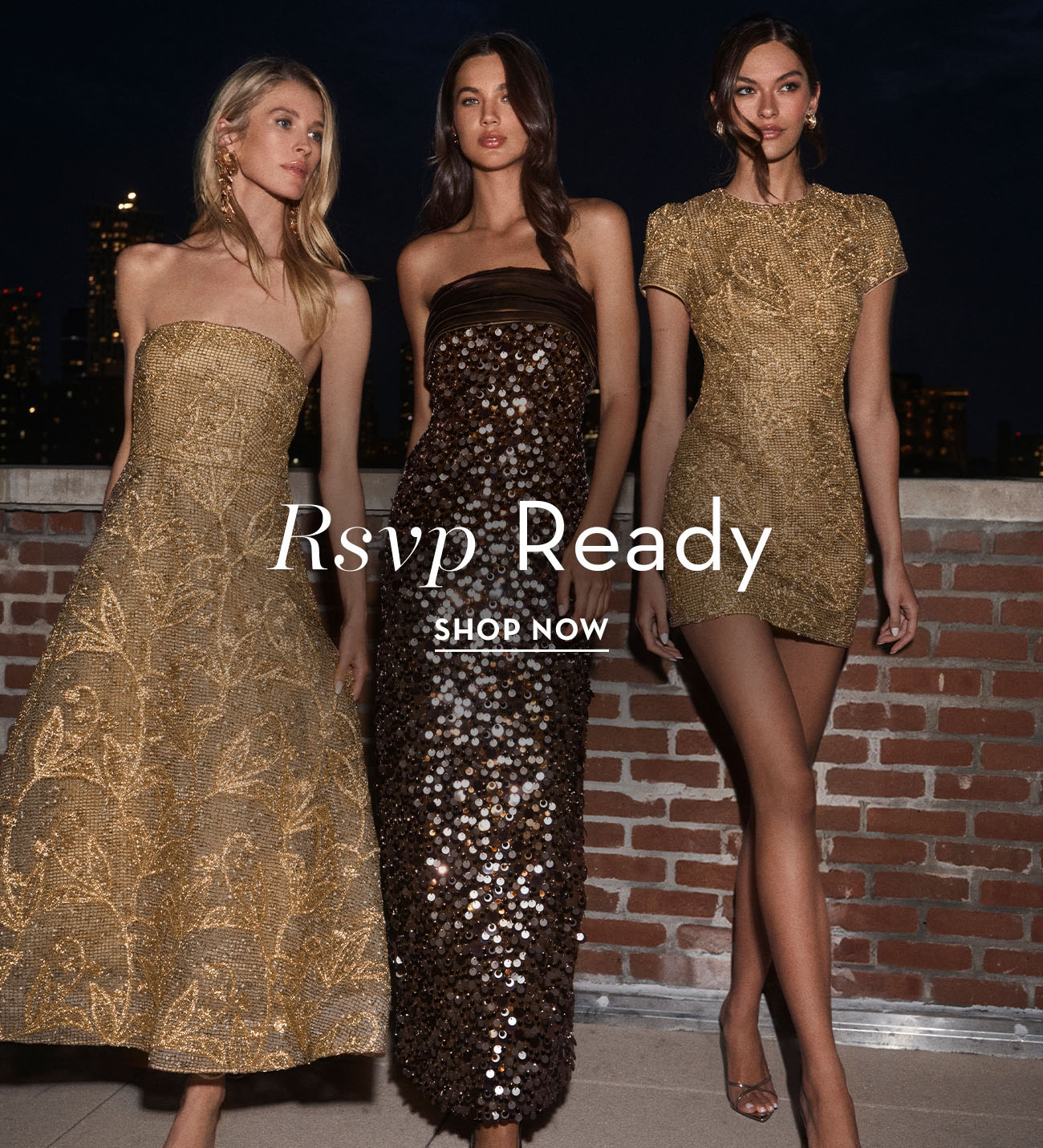 Three models wearing elegant dresses, promoting RSVP Ready collection.