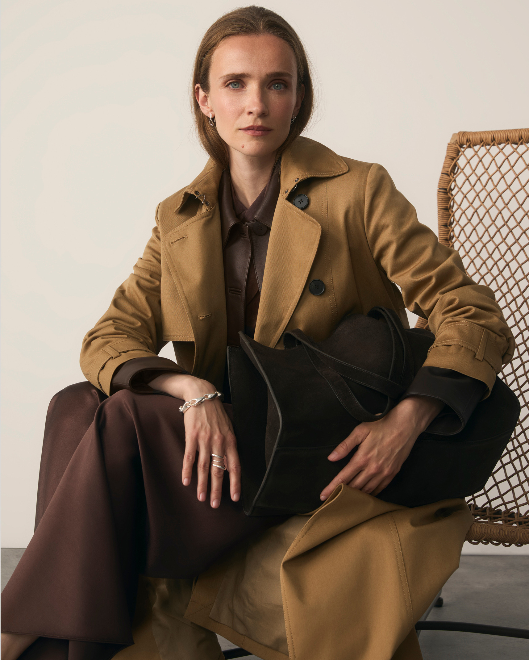 Model wearing Hawthorne trench