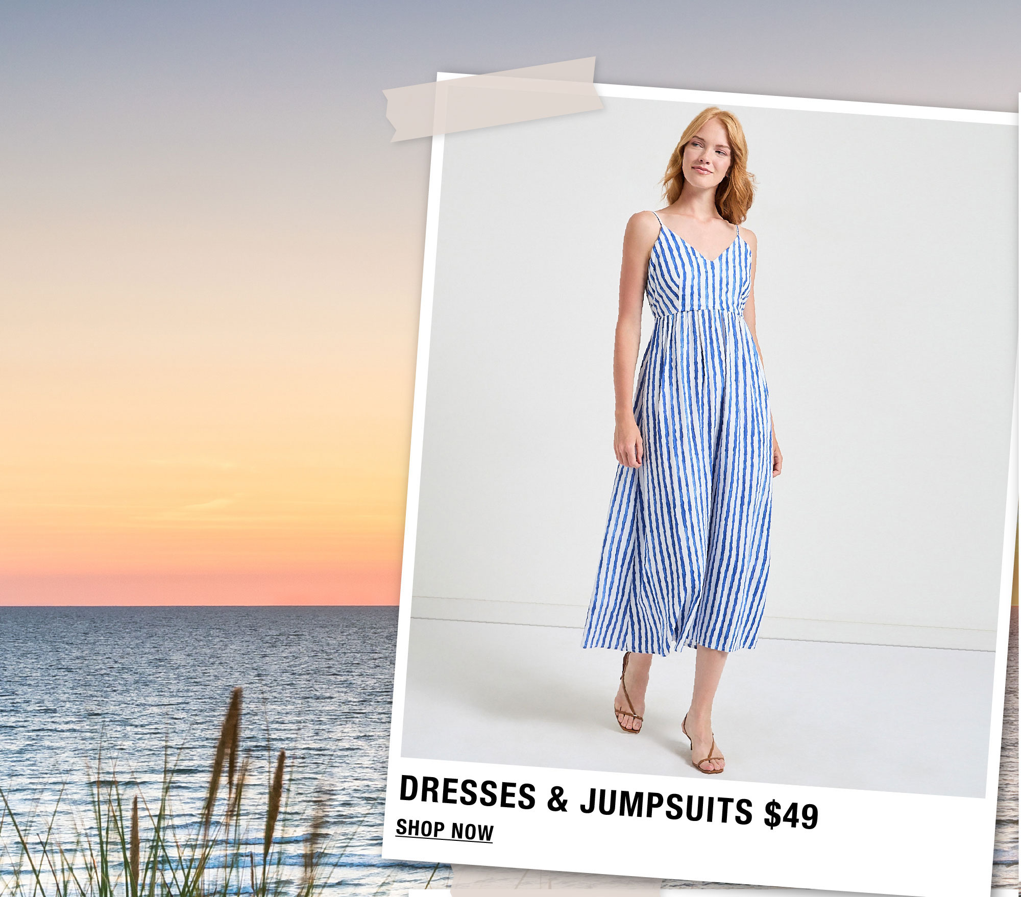 Woman in striped dress with ocean background, promoting dresses and jumpsuits for $49.
